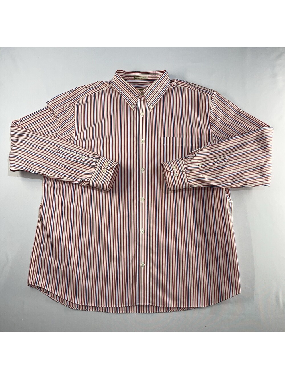 Eddie Bauer Shirt Wrinkle Resist Mens XL Orange Red Striped Cotton Preppy Work
